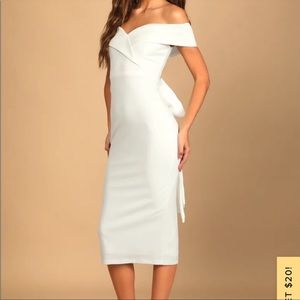 Lulu’s Cordially Invited White Off-the-Shoulder Bow Back Midi Dress
